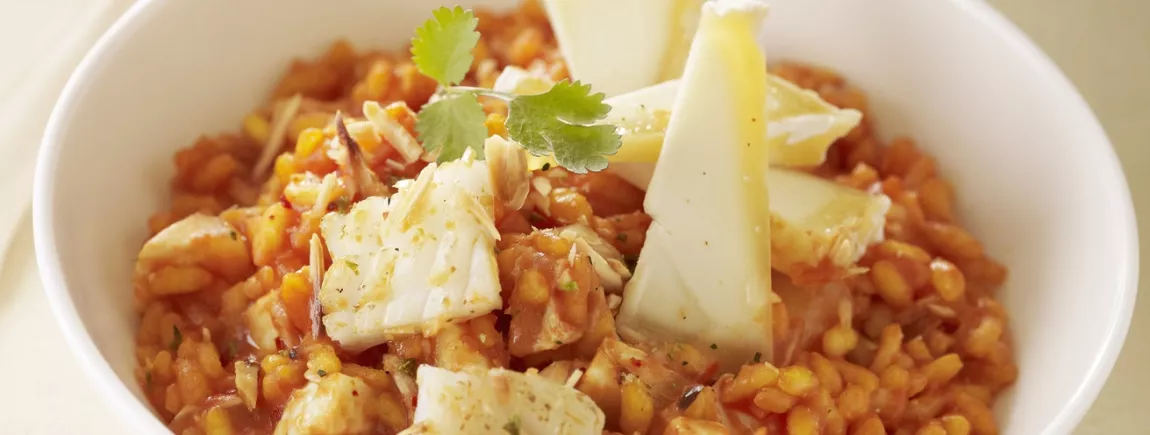 Original : risotto au poisson, chèvre et ketchup Risotto au Ketchup Amora ®, poisson et chèvre