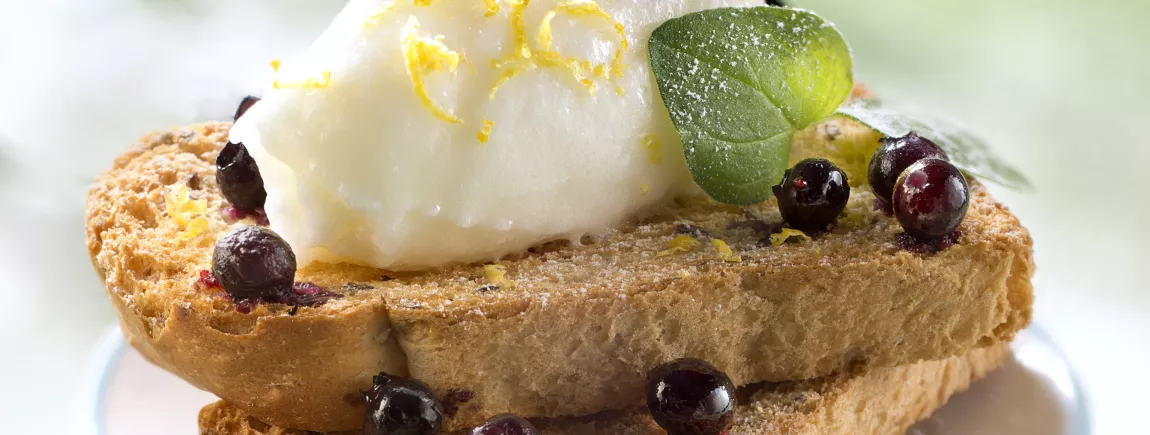 Biscottes Gourmandes Graines et Céréales Heudebert® à la mousse de citron et myrtilles givrées Biscottes Gourmandes Graines et Céréales Heudebert® à la mousse de citron et myrtilles givrées