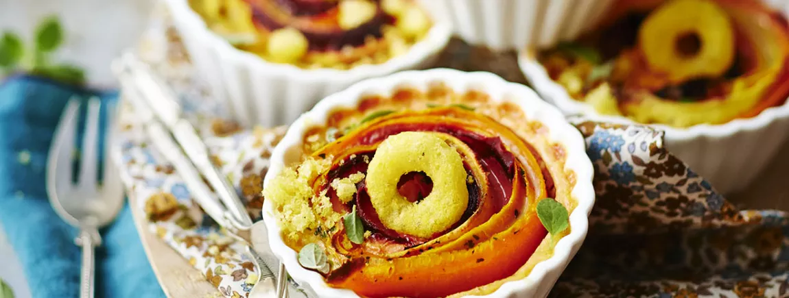 Mini flans aux carottes bariolées et topping croustillant avec Belin® Mini flans aux carottes bariolées et topping croustillant avec Belin®